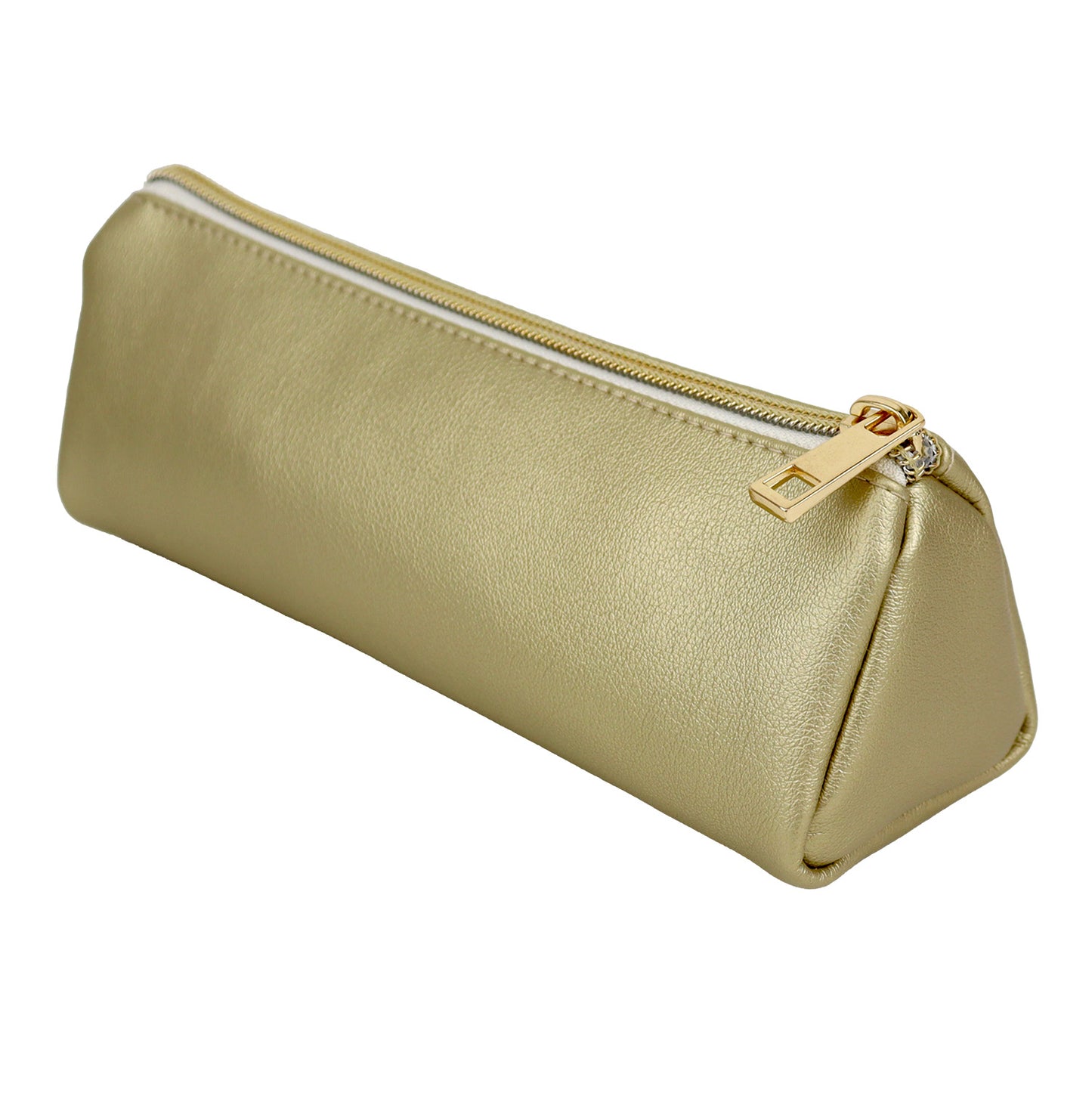 Slim thin pencil case for teenage girls in gold and gold zipper, holds all school supplies