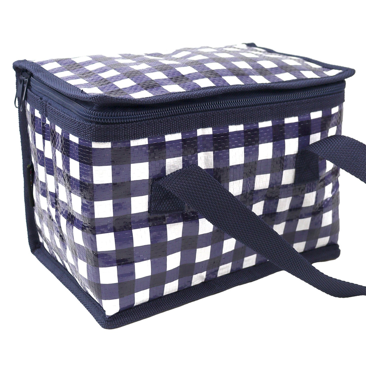 School Lunch Bag for Boys or a Picnic Lunch Box which is Foldable Insulated in a Blue and White Gingham Design