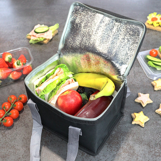 School Lunch Bag for Boys or adults, a Picnic Lunch Box which is Foldable Insulated Food Cooler Bag in a Black and Grey Trim Design