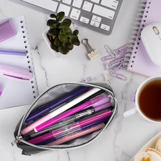 slim black pencil case for girls for school filled with pens and pencils