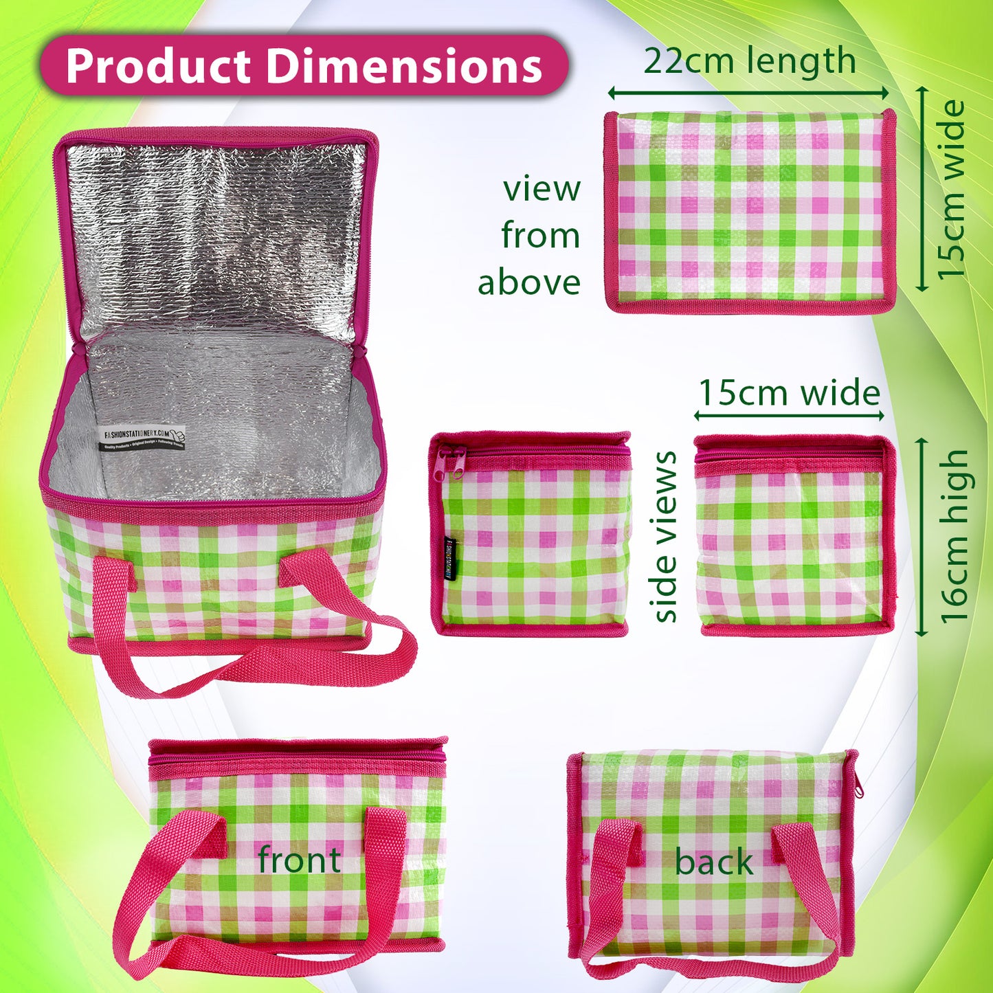 School Lunch Bag for Girls or a Picnic Foldable Insulated Pink and Lime Green Gingham Design 22 x 15 x 16cm
