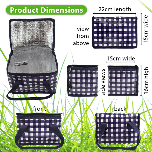 School Lunch Bag for Boys or a Picnic Lunch Box which is Foldable Insulated in a Blue and White Gingham Design - Size 22 x 15 x 16cm