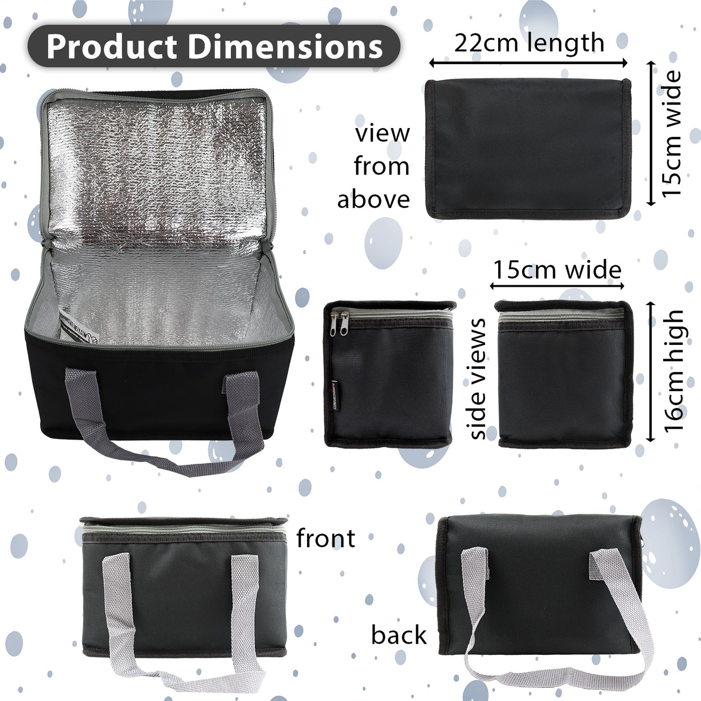 School Lunch Bag for Boys or adults, a Picnic Lunch Box which is Foldable Insulated Food Cooler Bag in a Black and Grey Trim Design Size 18 x 16 x 15cm