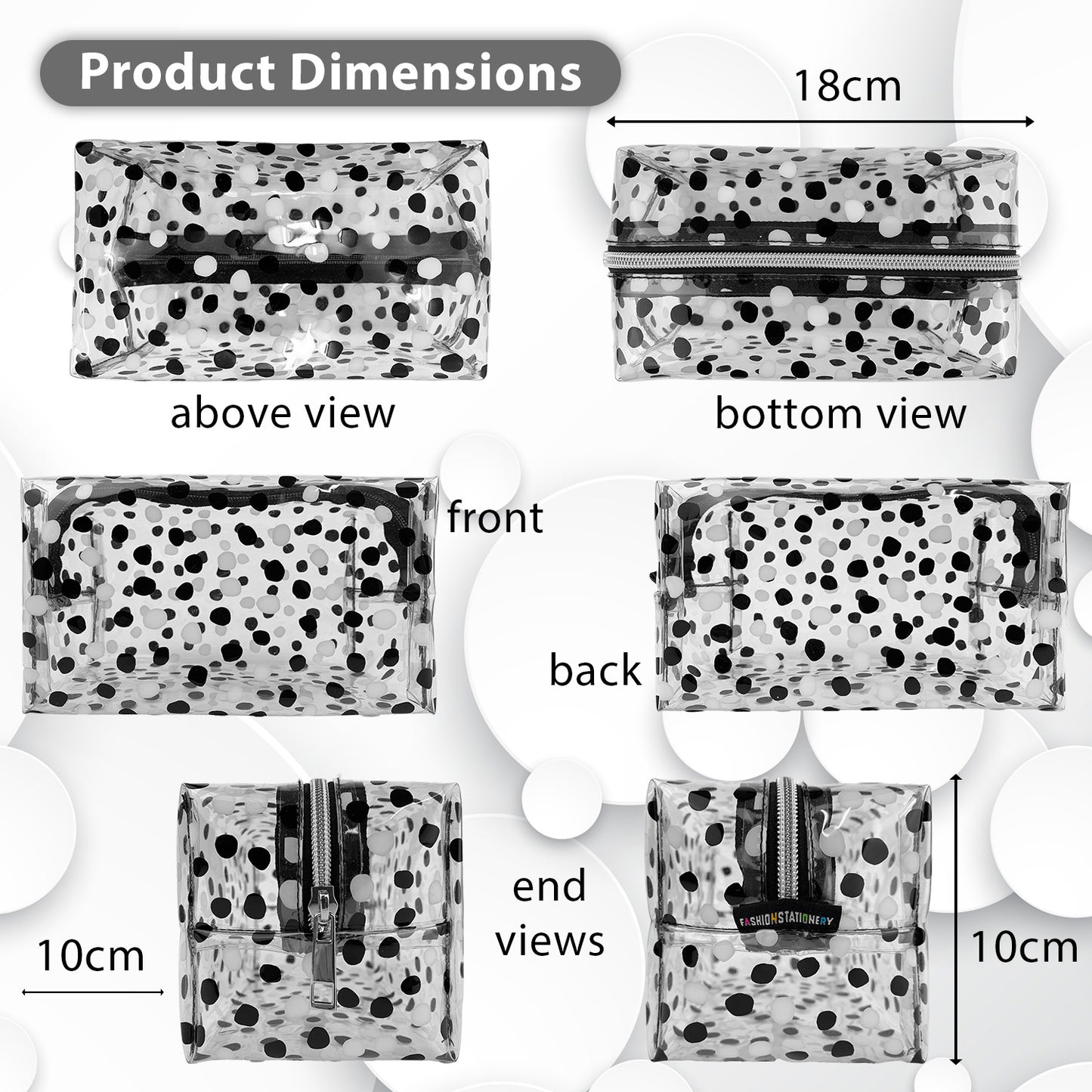 Large Clear Pencil case with black 7 White spots, hold all school supplies for kids or girls - Size 18 x 10 x 10cm