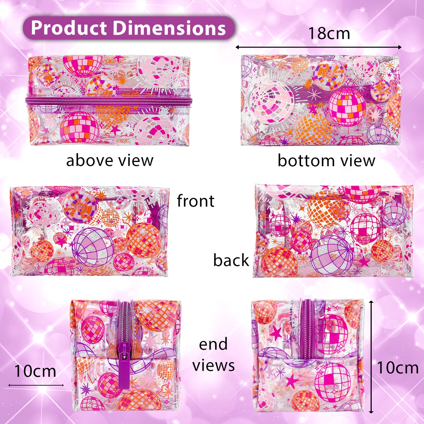 Large Clear Pencil case with pink and lilac Disco Balls school supplies for kids or girls - size 18 x 10 x 10 cm