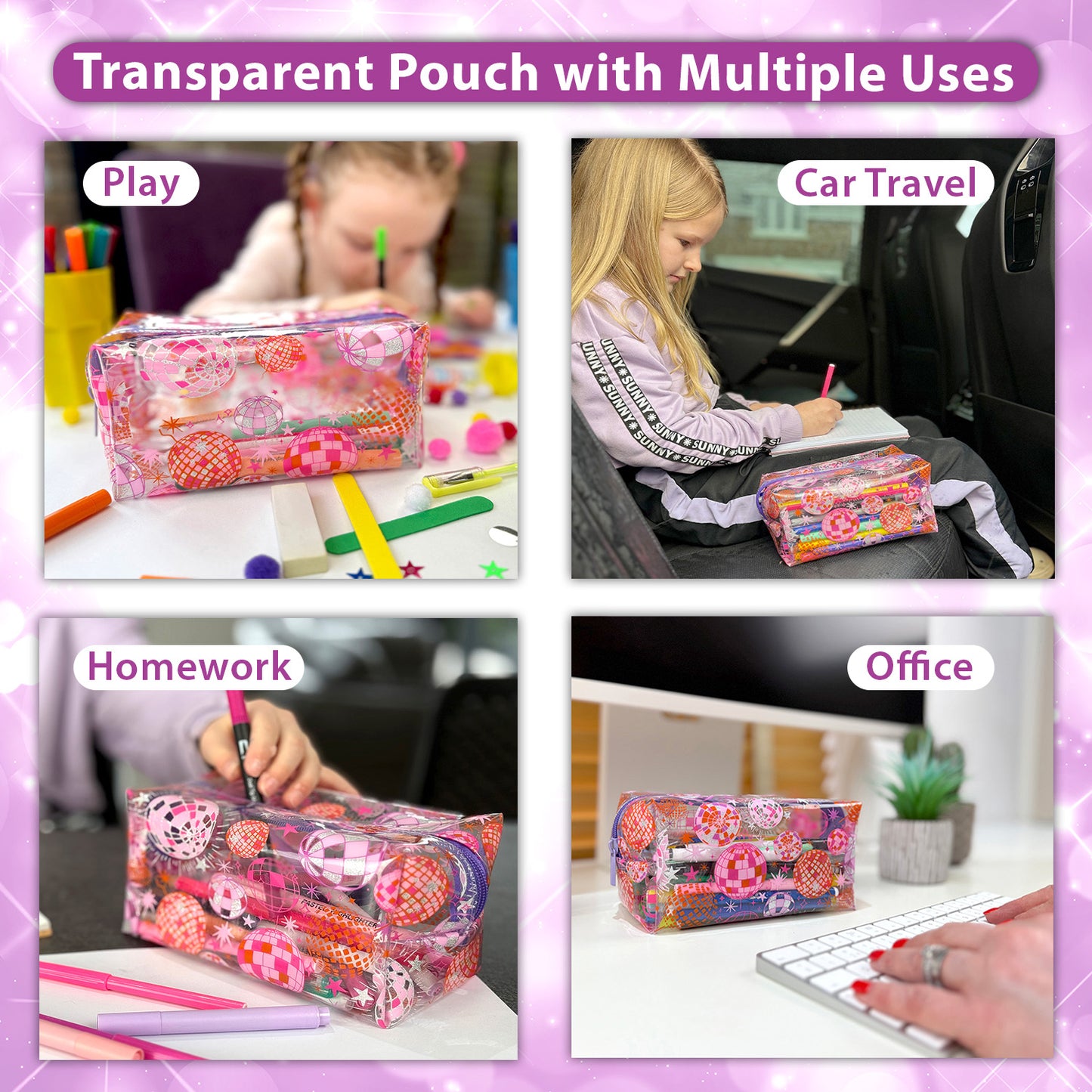 Large Clear Pencil case with pink and lilac Disco Balls school supplies for kids or girls