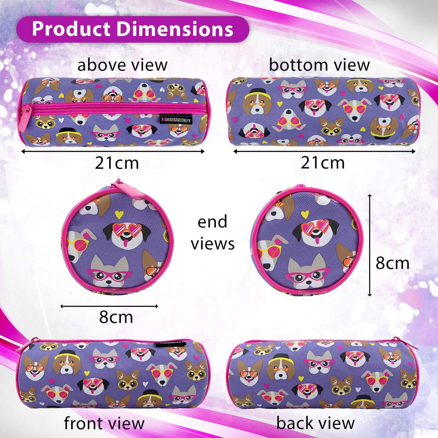 Purple Dog Pencil Case for Kids size 21cm x 8cm x 8cm