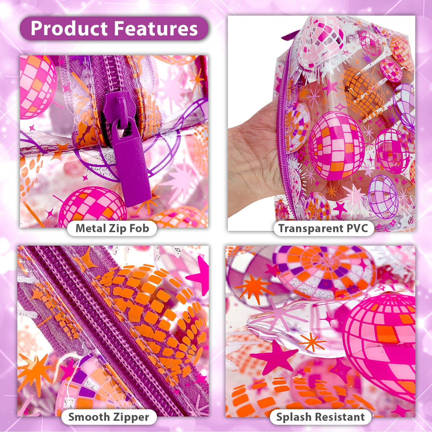 Large Clear Pencil case with pink and lilac Disco Balls school supplies for kids or girls