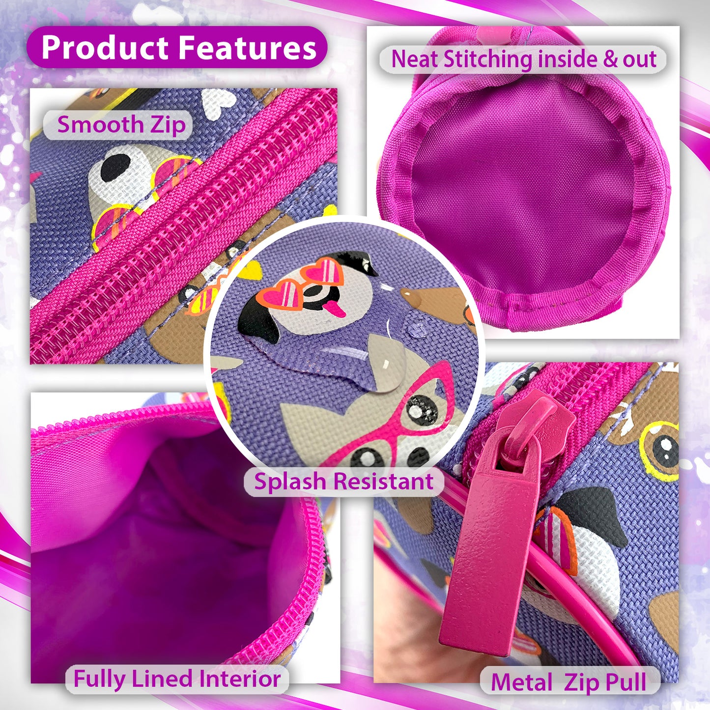 Purple Dog Pencil Case for Young girls at school fully lines and smooth zip