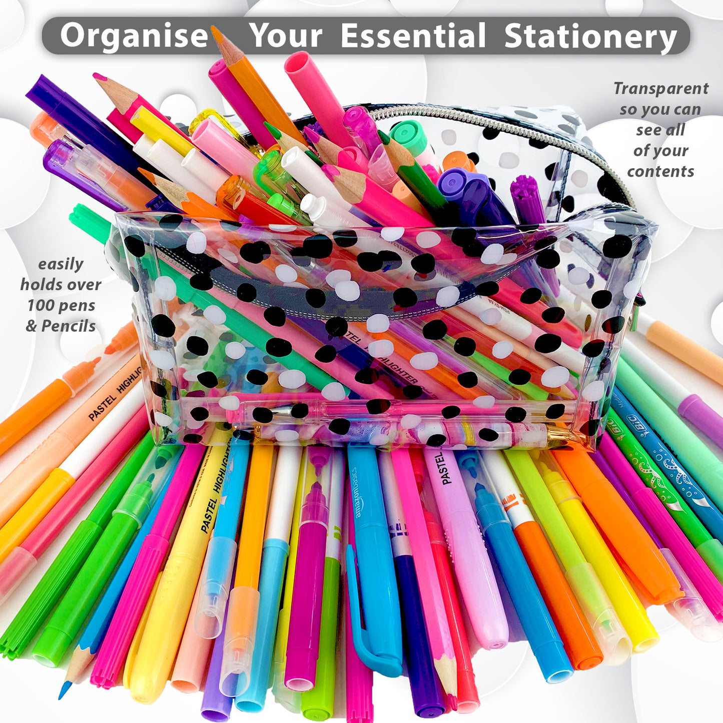 Large Clear Pencil case with black 7 White spots, hold all school supplies for kids or girls