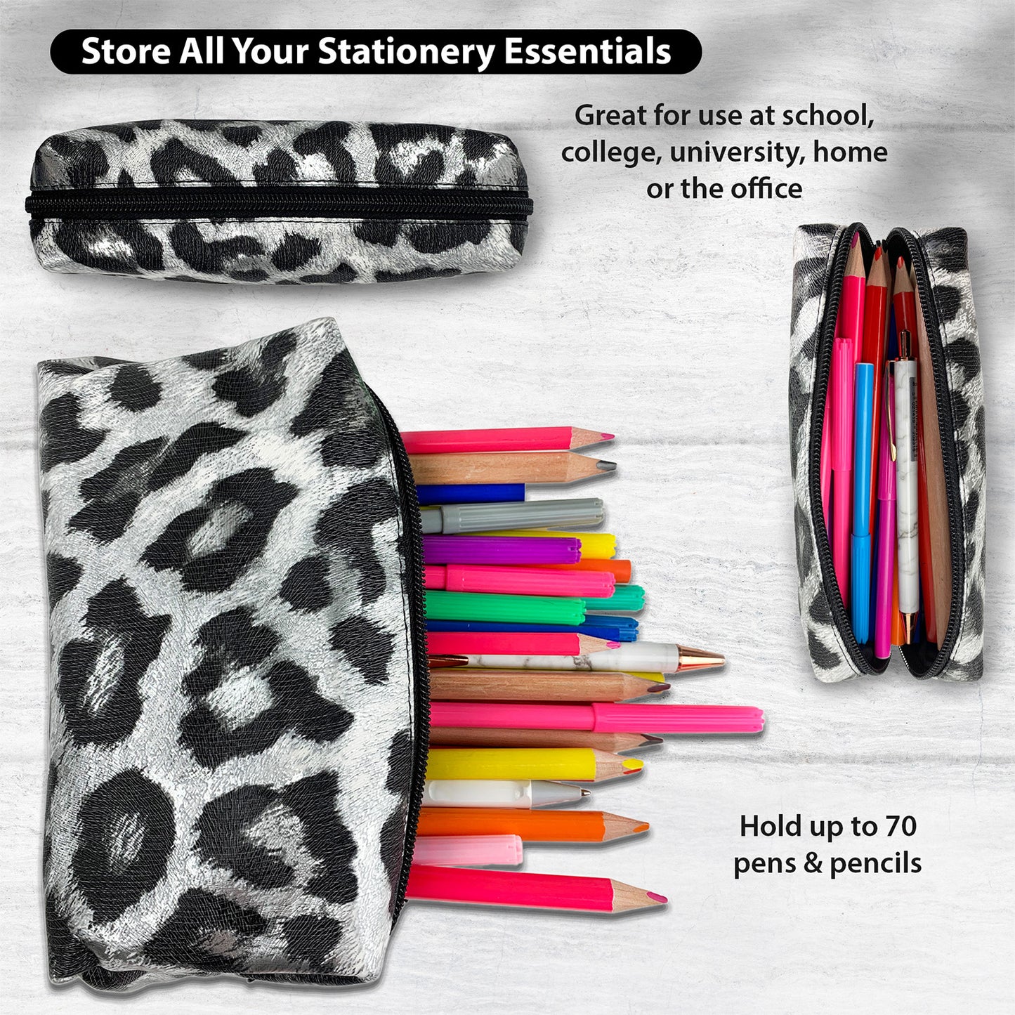 Leopard Pencil Case - Black & Silver
