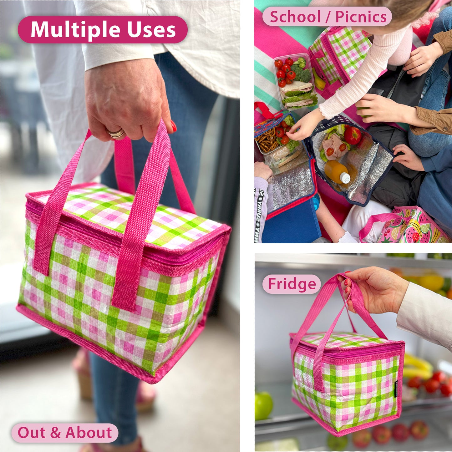 School Lunch Bag for Girls or a Picnic Lunch Box which is Foldable Insulated Pink and Lime Green Gingham Design