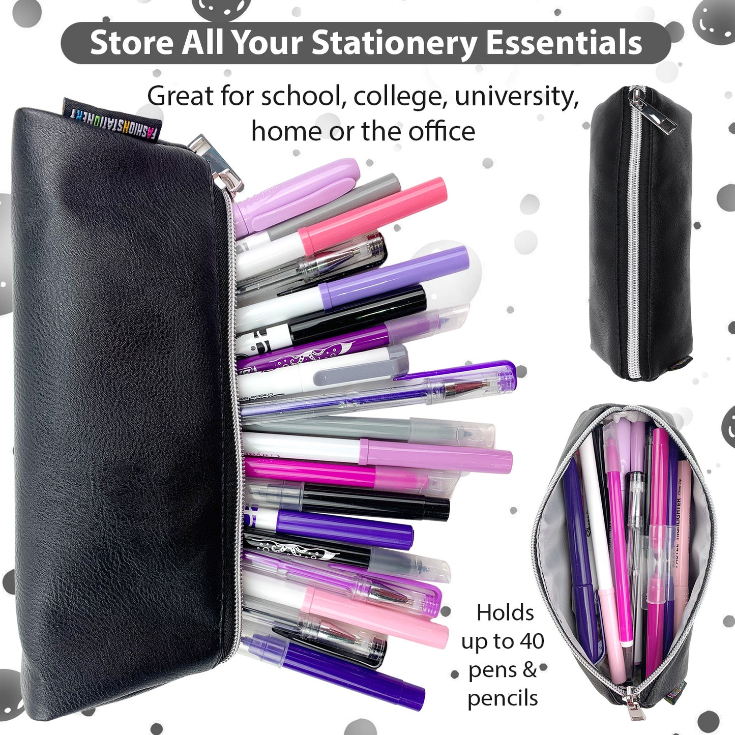 pencil pouch holding multiple pens for teenagers at high school black and silver zip