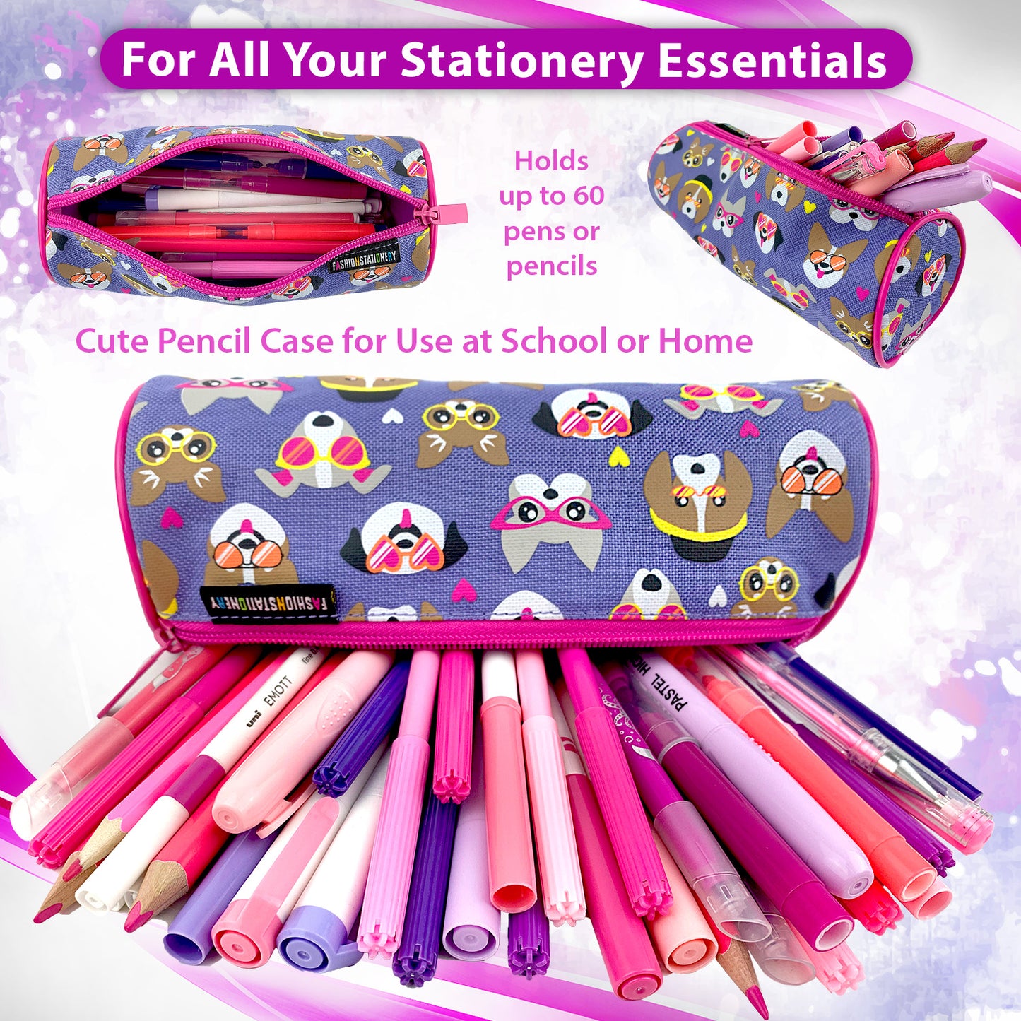 Lilac Dogs pencil case for girls at school or stationery storage case