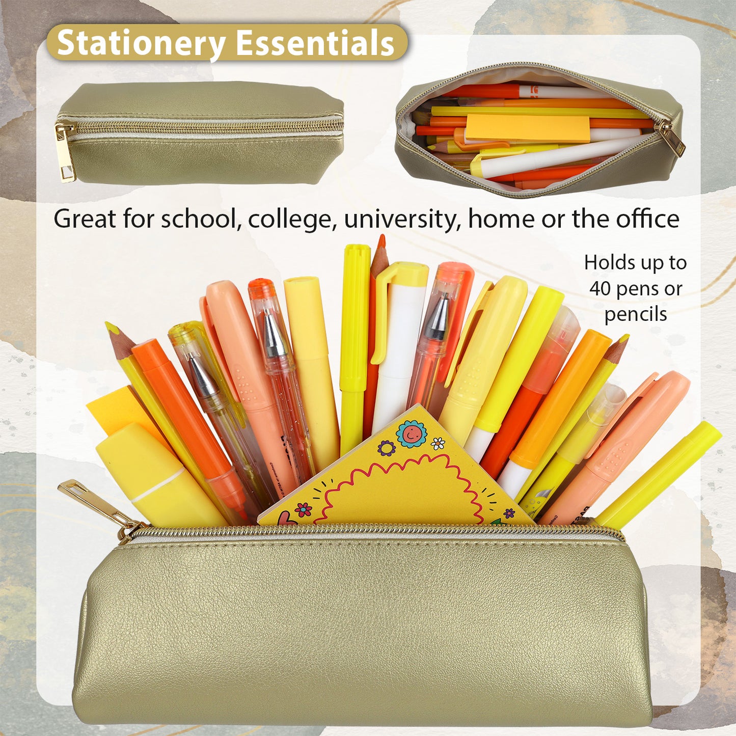 Slim thin pencil case for teenage girls in gold and gold zipper, holds all school supplies