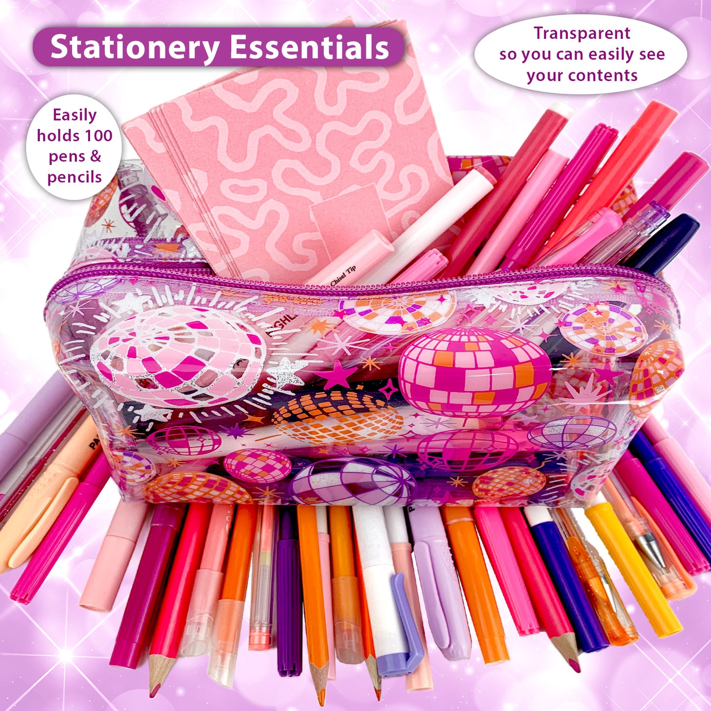 Large Clear Pencil case with pink and lilac Disco Balls school supplies for kids or girls