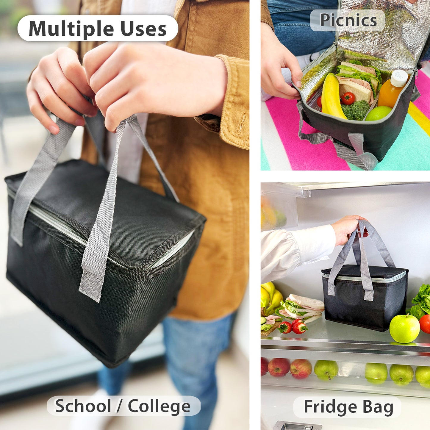 School Lunch Bag for Boys or adults, a Picnic Lunch Box which is Foldable Insulated Food Cooler Bag in a Black and Grey Trim Design