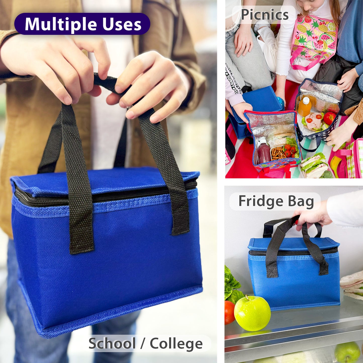 School Lunch Bag for Boys or adults, a Picnic Lunch Box which is Foldable Insulated Food Cooler Bag in a Black and Grey Trim Design