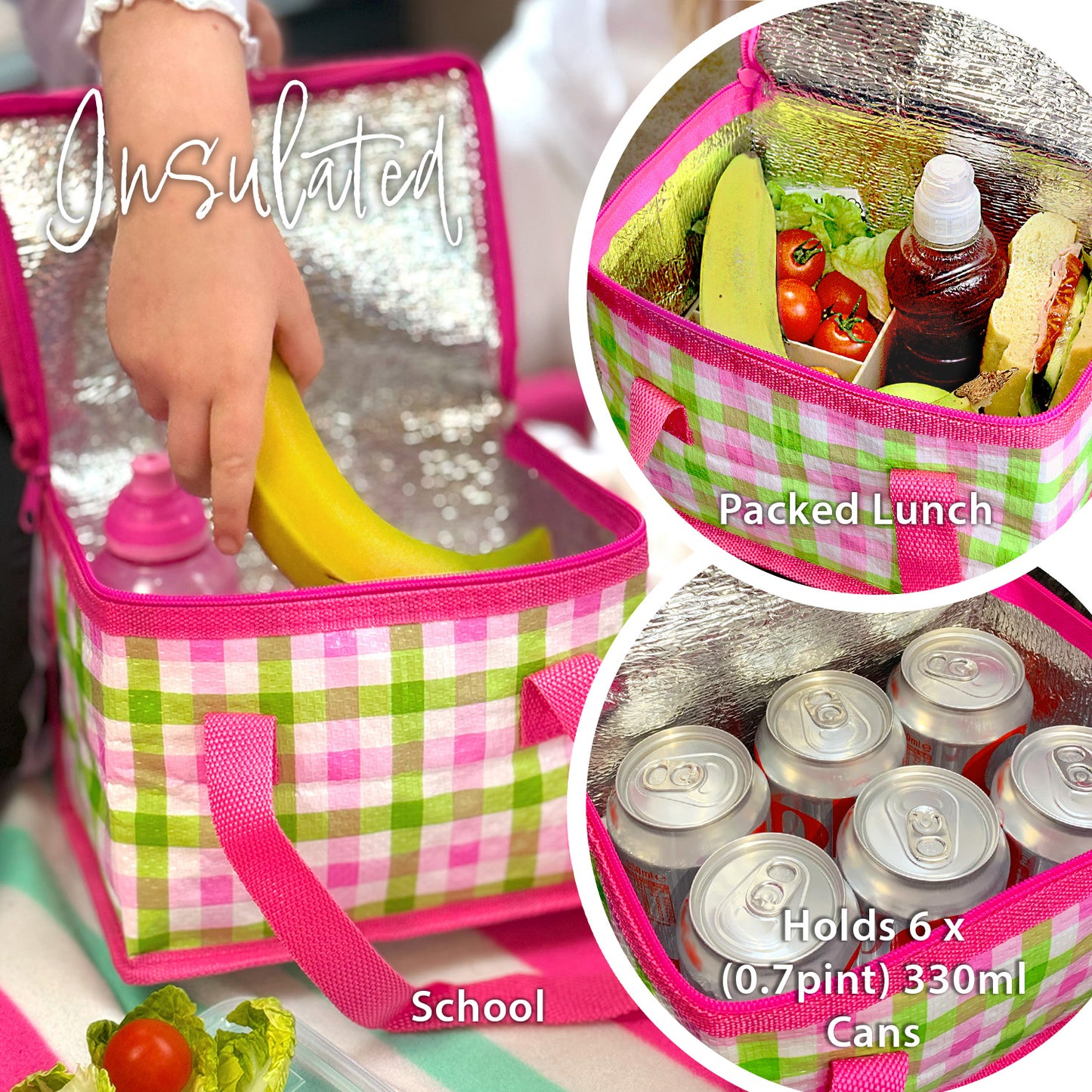 School Lunch Bag for Girls or a Picnic Lunch Box which is Foldable Insulated Pink and Lime Green Gingham Design