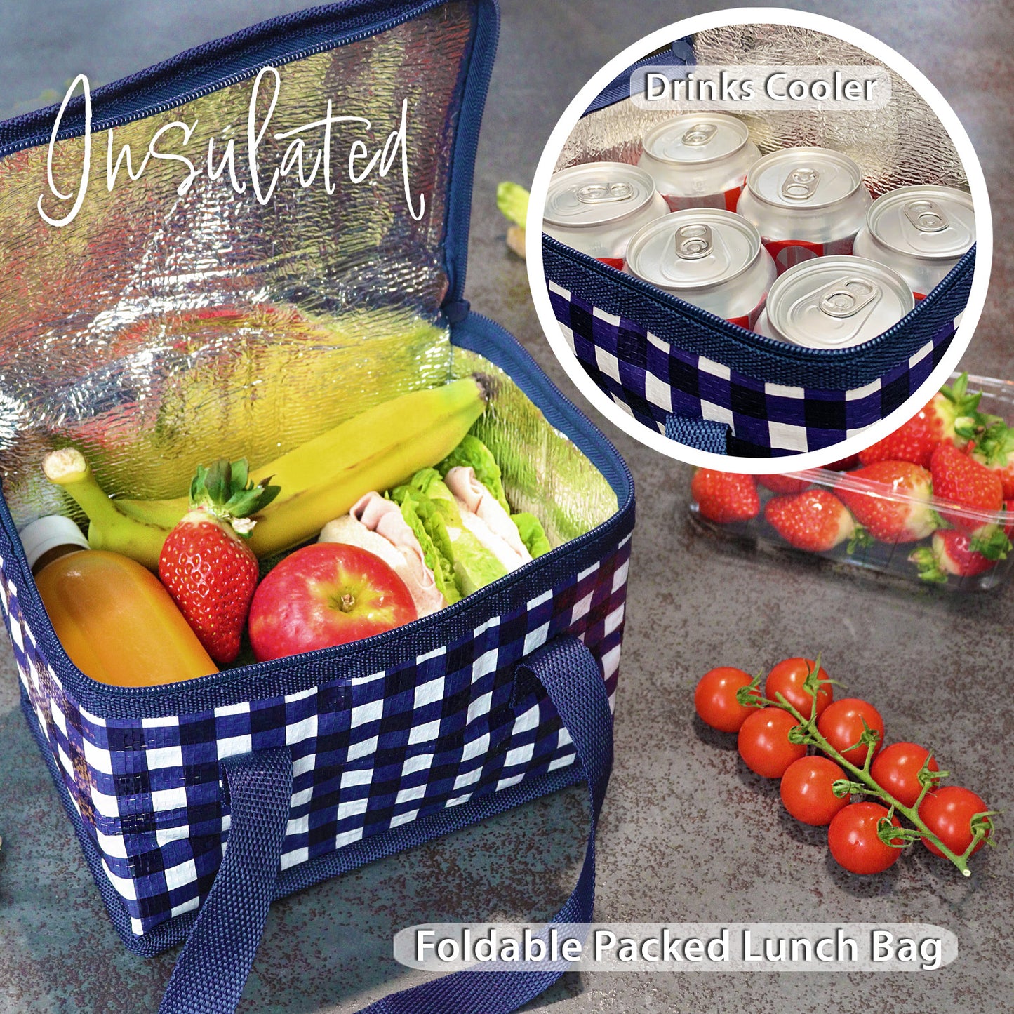 School Lunch Bag for Boys or a Picnic Lunch Box which is Foldable Insulated Cooler Bag in a Blue and White Gingham Design