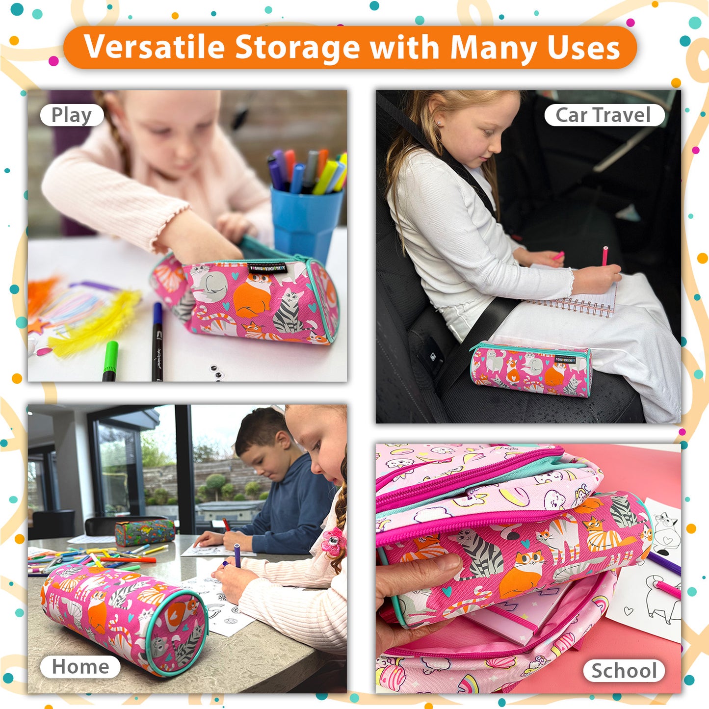 cats girls pencil case in pink one compartment stationery case for school work or home