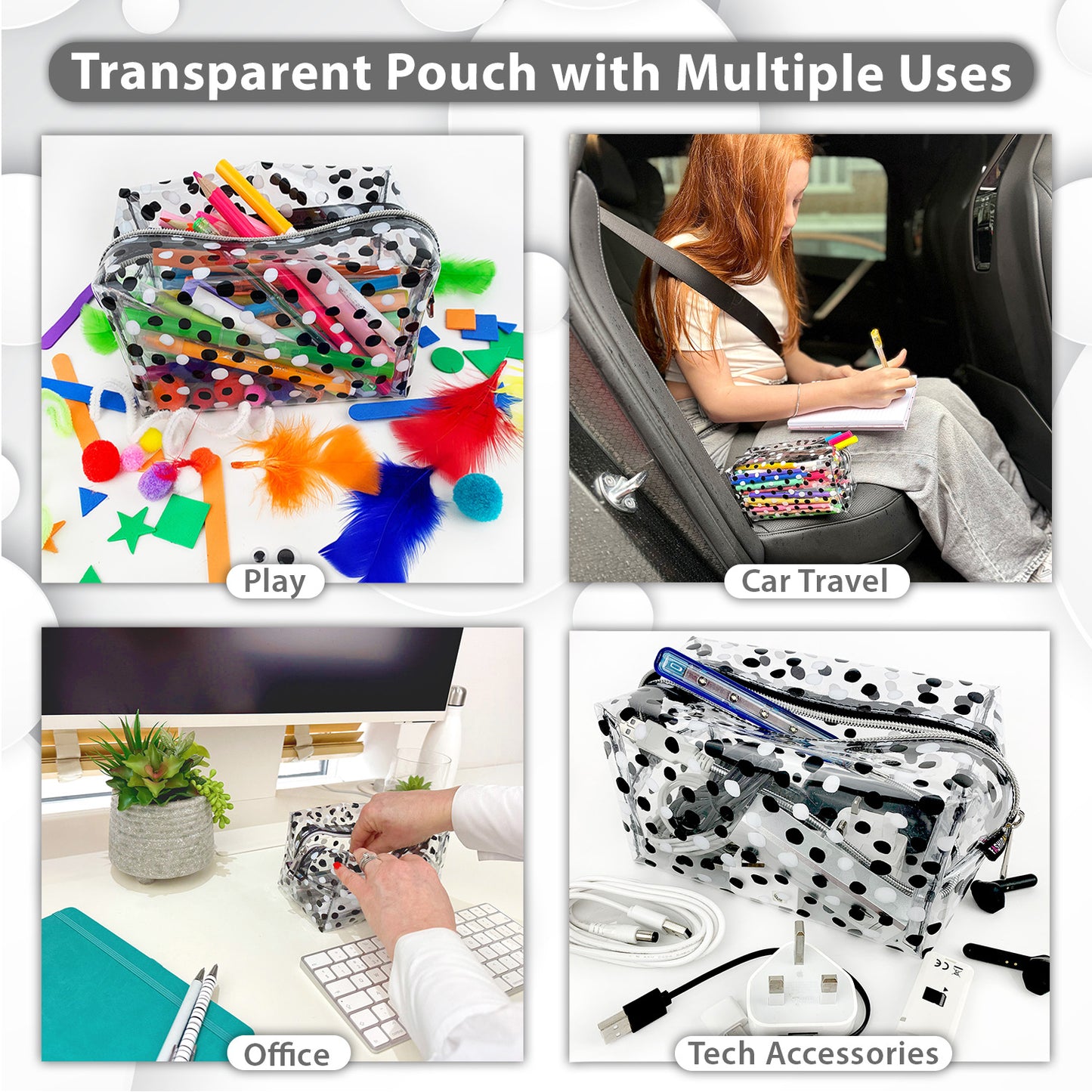 Large Clear Pencil case with black 7 White spots, hold all school supplies for kids or girls