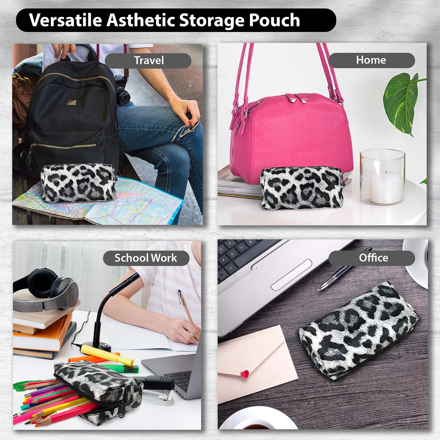 Leopard Pencil Case - Black & Silver