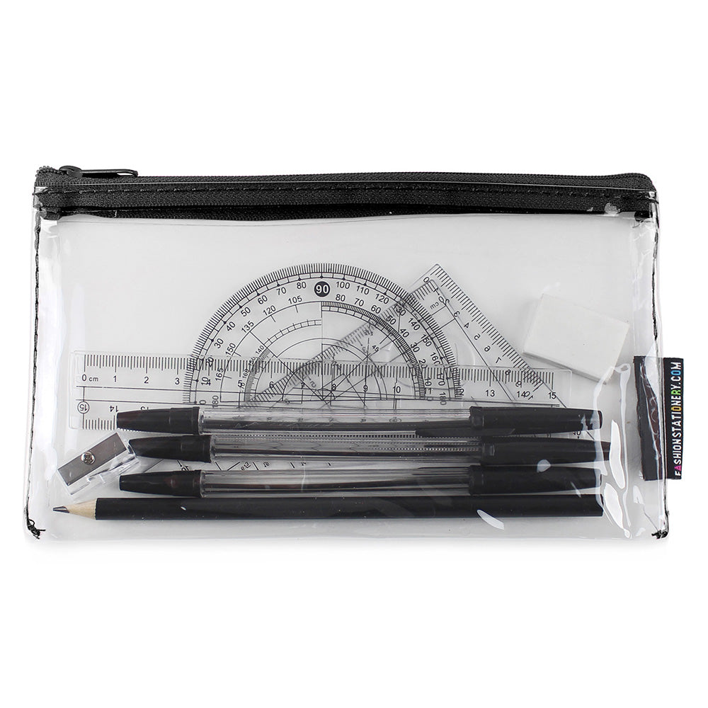 small clear exam pencil case and geometry set