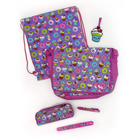Cupcake Messenger Bag Swim Bag Pencil Case Snap Ruler Pen Luggage Tag Bundle