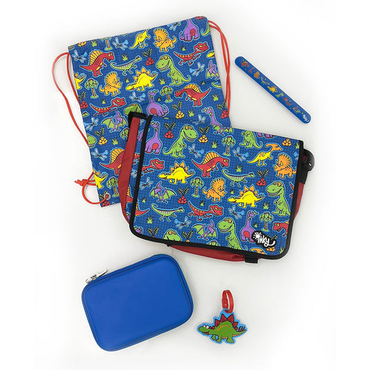 Dinosaur Messenger Bag Swim Bag Pencil Case Snap Ruler Luggage Tag Bundle