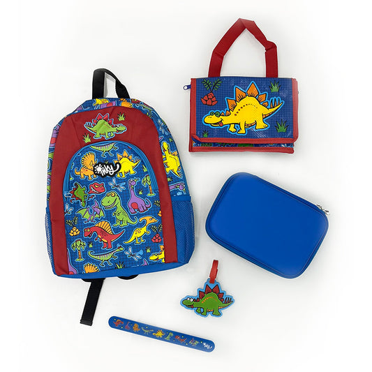 Dinosaur Back Pack Bag Lunch Bag Pencil Case Snap Ruler Luggage Tag Bundle