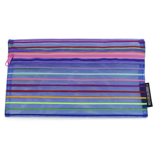 Royal blue flat mesh stripey pencil case 1 zip