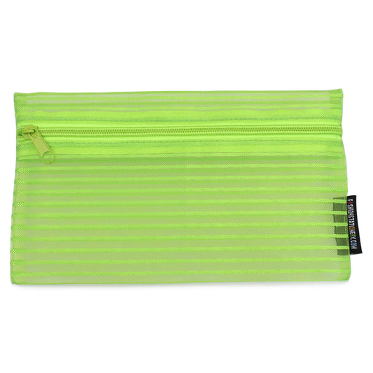 Green flat mesh stripey pencil case 1 zip