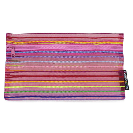 Dark pink flat mesh stripey pencil case 1 zip