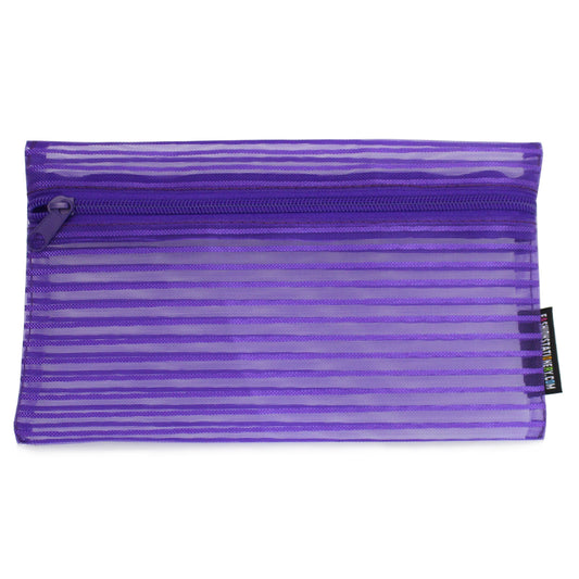 Purple flat mesh stripey pencil case 1 zip