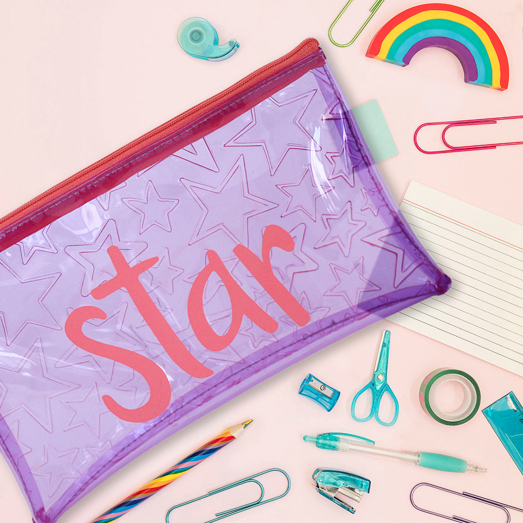 Purple Clear Embossed Star Pencil Case Teenagers Girls