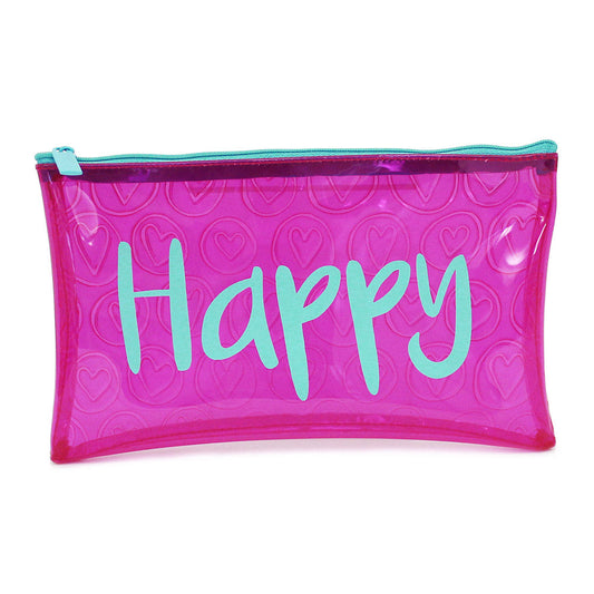 Pink Clear Embossed Happy Pencil Case Teenagers Girls