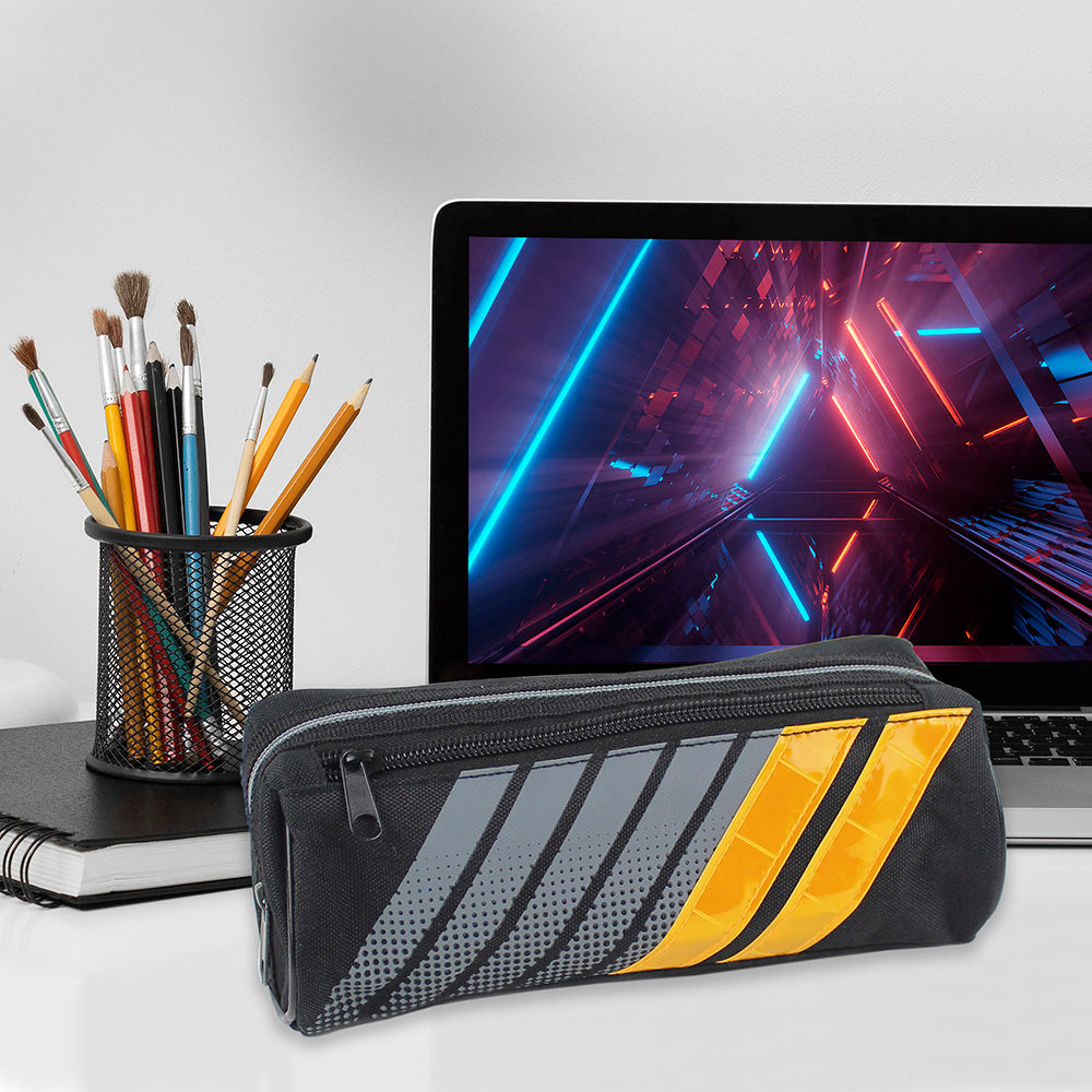 Sporty black pencil case reflective yellow stripes boys girls