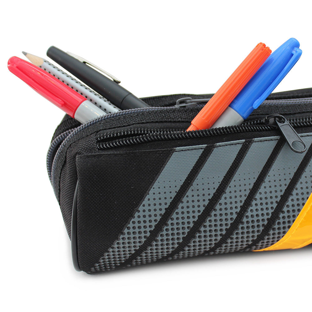 Sporty black pencil case reflective yellow stripes boys girls