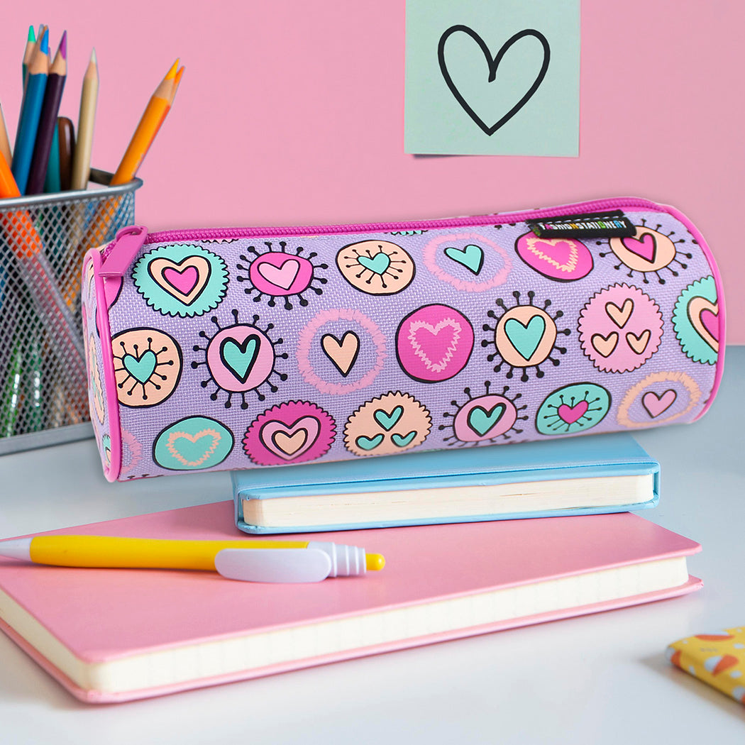 Lilac pink hearts barrel pencil case girls school
