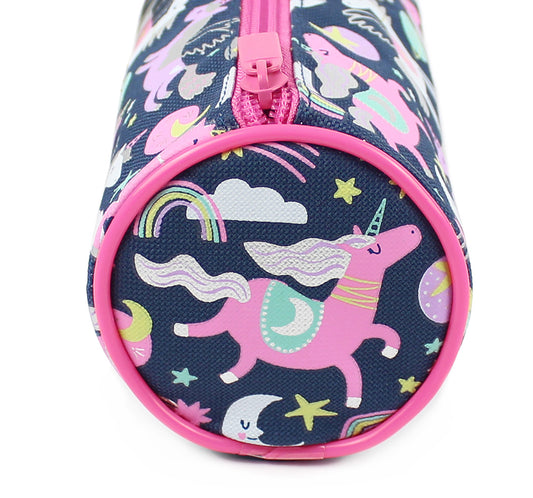 Navy pink unicorns barrel pencil case girls school