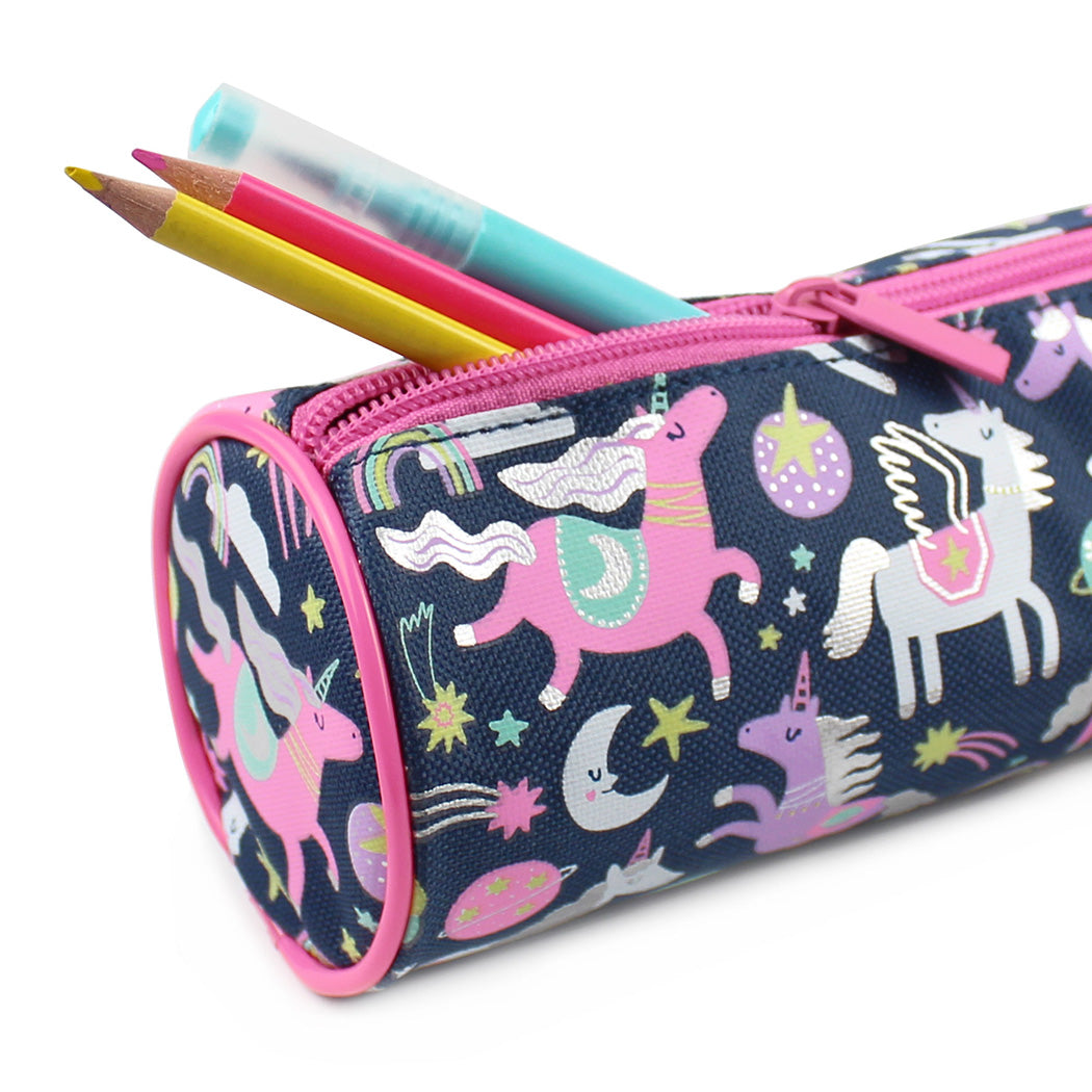 Navy pink unicorns barrel pencil case girls school