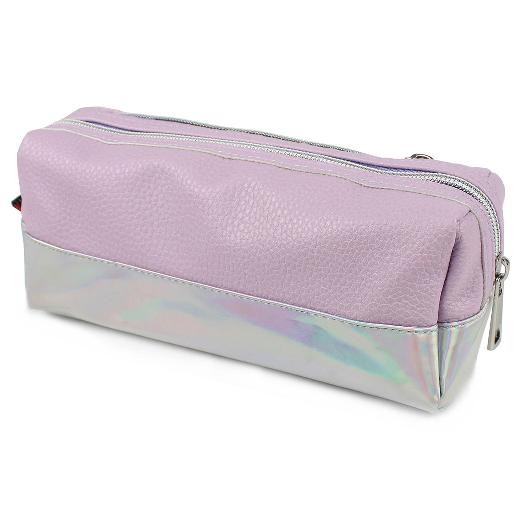 lilac large capacity pencil case iridescent panel 2 zips