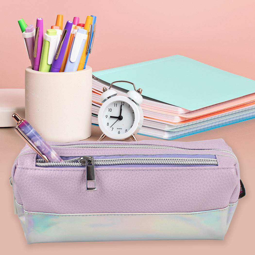 lilac large capacity pencil case iridescent panel 2 zips