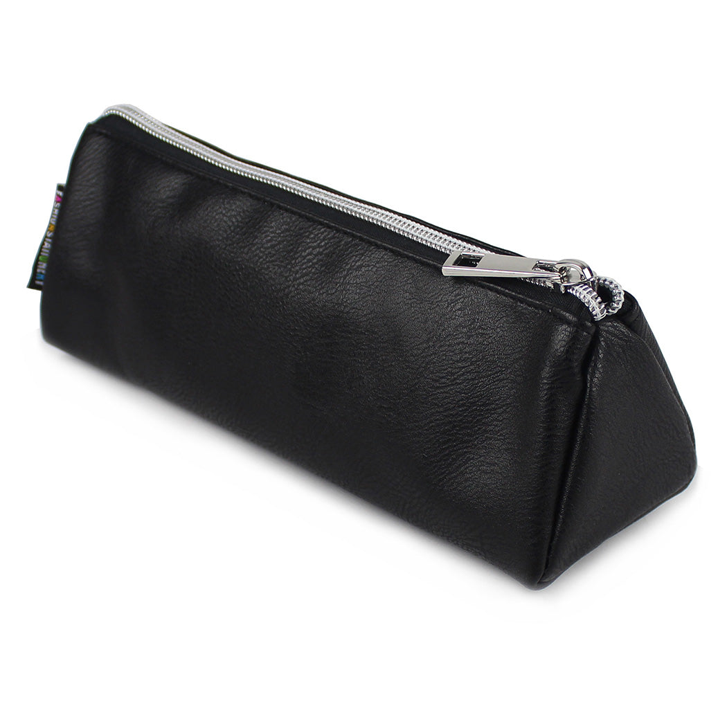 triangular black pencil case with silver zip for teenagers students and women
