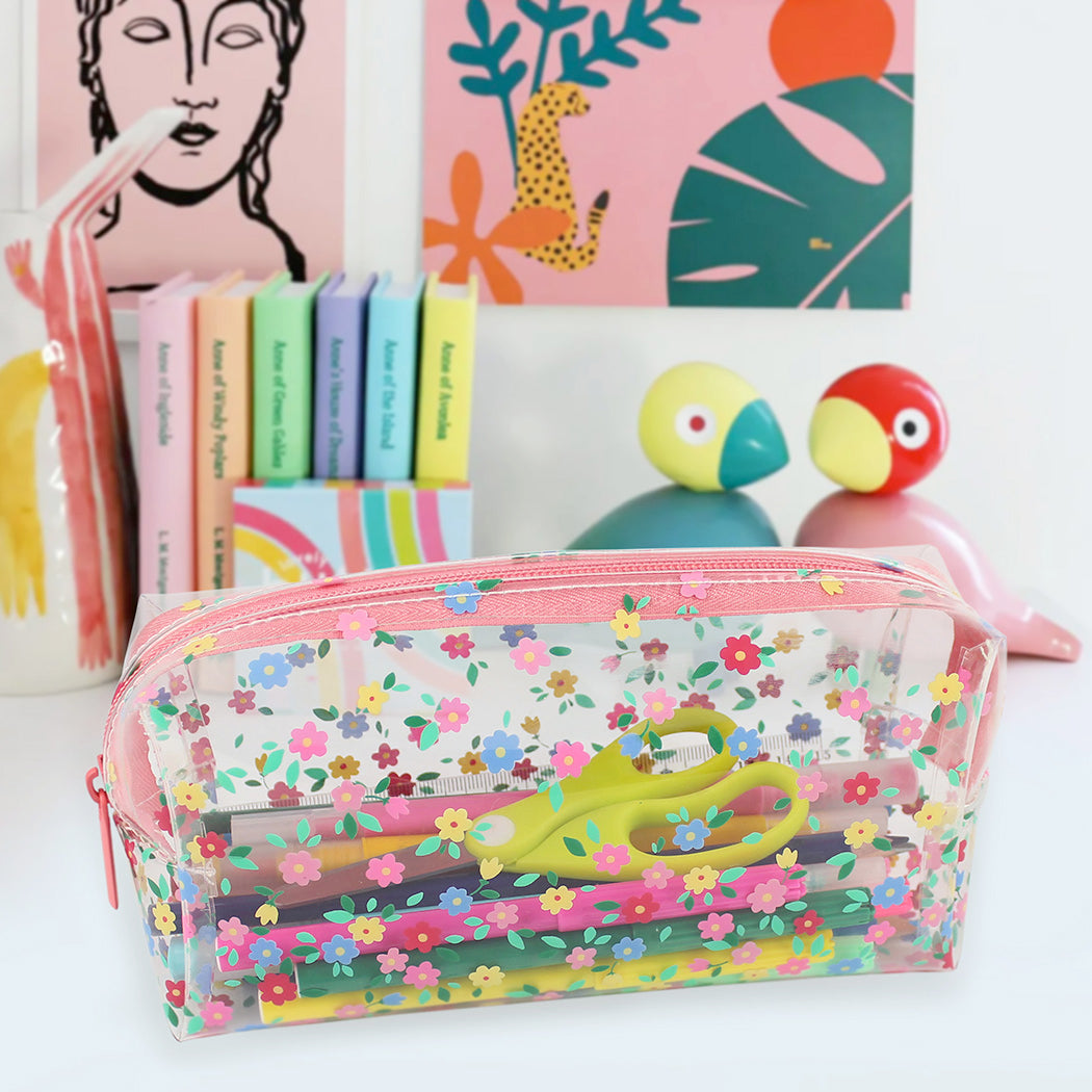 small clear floral pencil case makeup toiletry bag