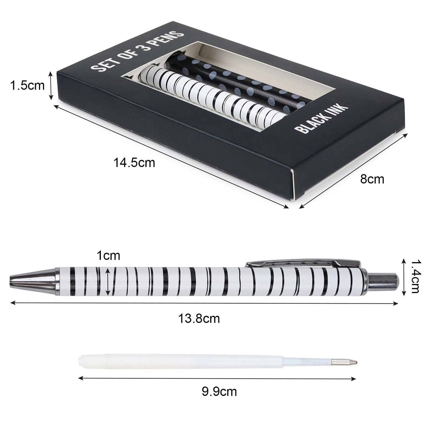 Set of 3 Ballpoint Pens - Black & White