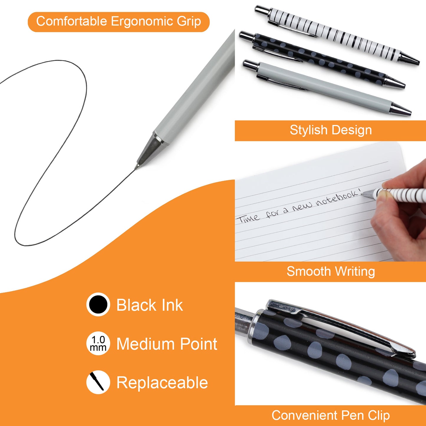 Set of 3 Ballpoint Pens - Black & White