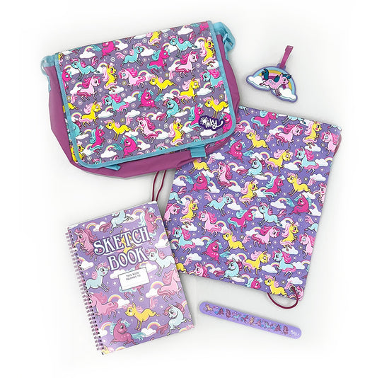 Unicorn Messenger Bag Swim Bag A4 Sketch Book Snap Ruler Luggage Tag Bundle