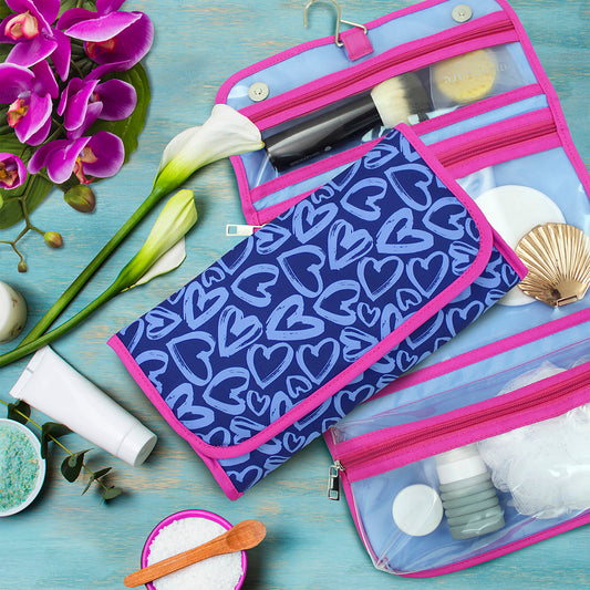 hanging toiletry makeup bag blue hearts women girls